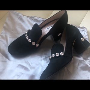 Miu miu crystal suede black heel loafers